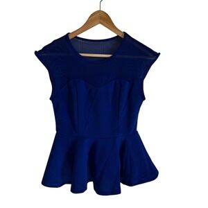 Shein Peplum Top Mesh‎ Panel Party Cocktail Blouse Royal Blue Size S